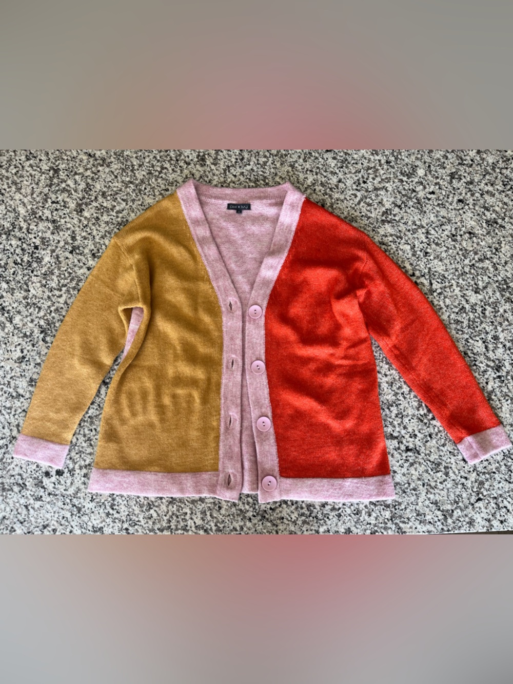 Colorblock Button-Front Cardigan in Pink, Mustard, & Orange